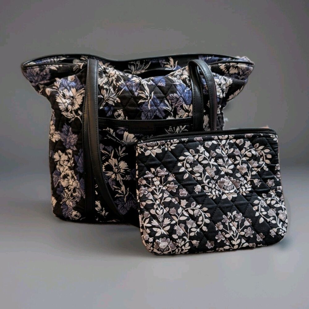 Vera Bradley Trimmed Vera Tote Bag & Large Cosmetic Pouch Set Frosted Floral